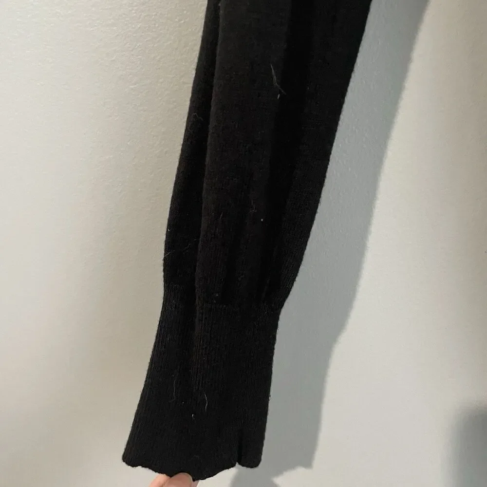 LOFT Faux Fur Collar Wool Blend Black Cardigan Size M Pockets Lightweight Button